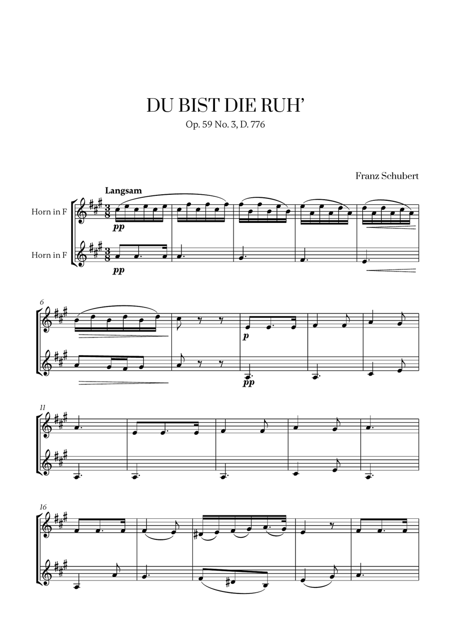 Franz Schubert - Du bist die Ruh (D Major) (for French Horn Duet) Brass Duet scores gallery preview page 1