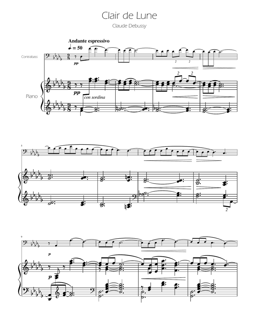Clair de Lune - String Bass Solo w/Piano Double Bass scores gallery preview page 1