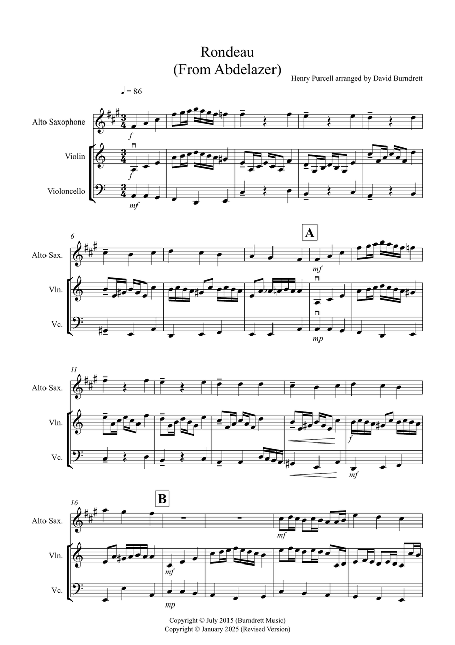 Rondeau (from Abdelazer) for Alto Saxophone, Violin and Cello Trio Small Ensemble scores gallery preview page 1