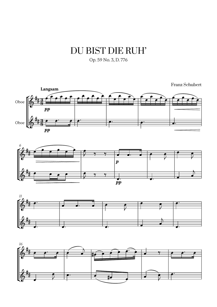 Franz Schubert - Du bist die Ruh (D Major) (for Oboe Duet) Woodwind Duet scores gallery preview page 1