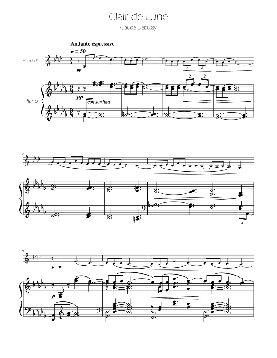 Clair de Lune - French Horn Solo w/Piano Piano scores gallery preview page 1