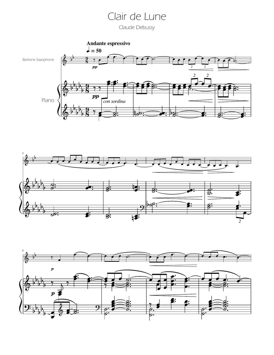 Clair de Lune - Baritone Sax Solo w/Piano Baritone Saxophone scores gallery preview page 1