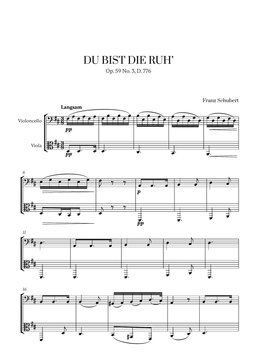 Franz Schubert - Du bist die Ruh (D Major) (for Cello and Viola) String Duet scores gallery preview page 1