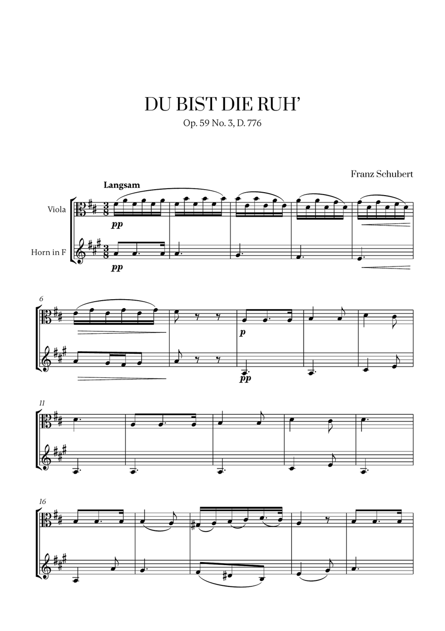 Franz Schubert - Du bist die Ruh (D Major) (for Viola and French Horn) Horn scores gallery preview page 1