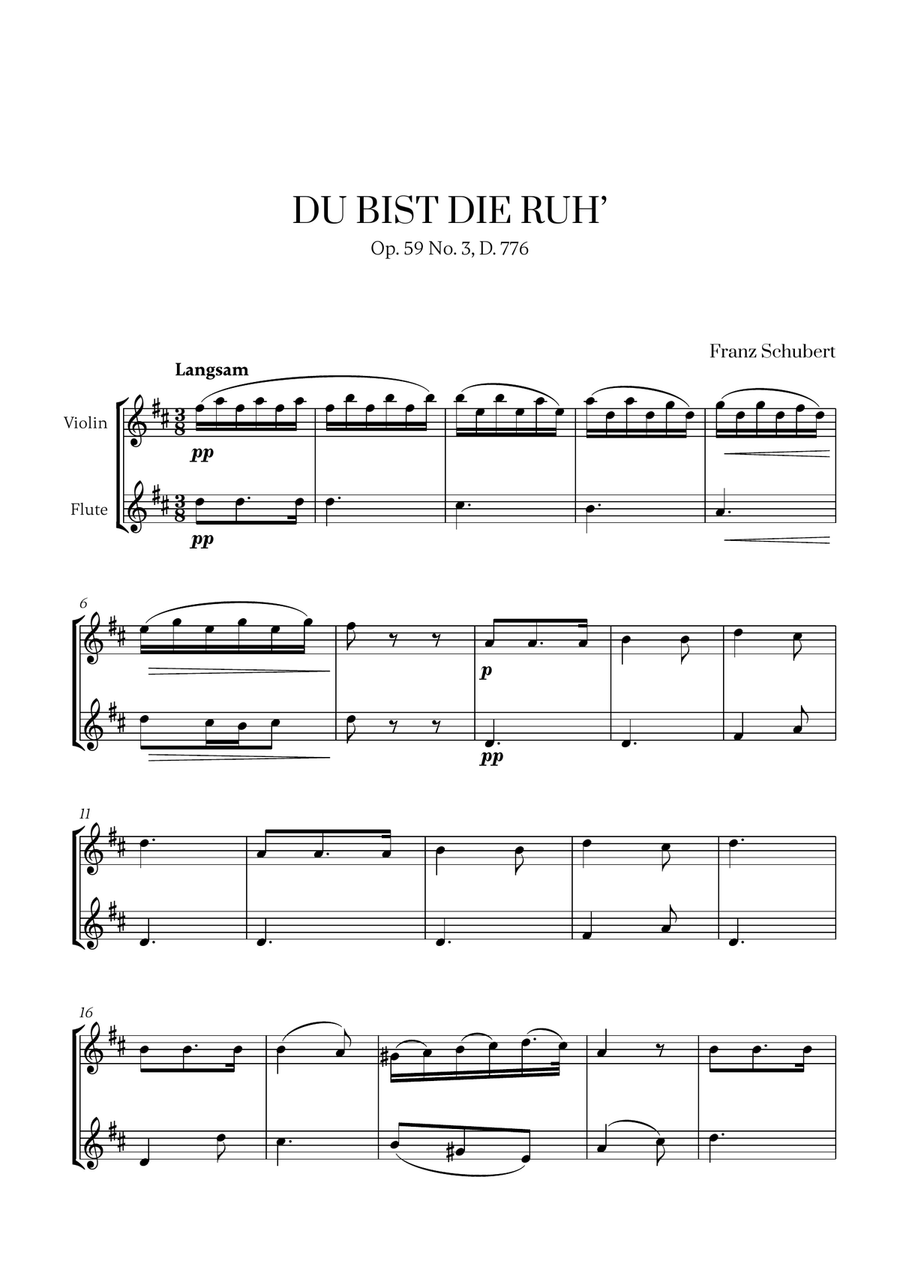 Franz Schubert - Du bist die Ruh (D Major) (for Violin and Flute) Flute scores gallery preview page 1
