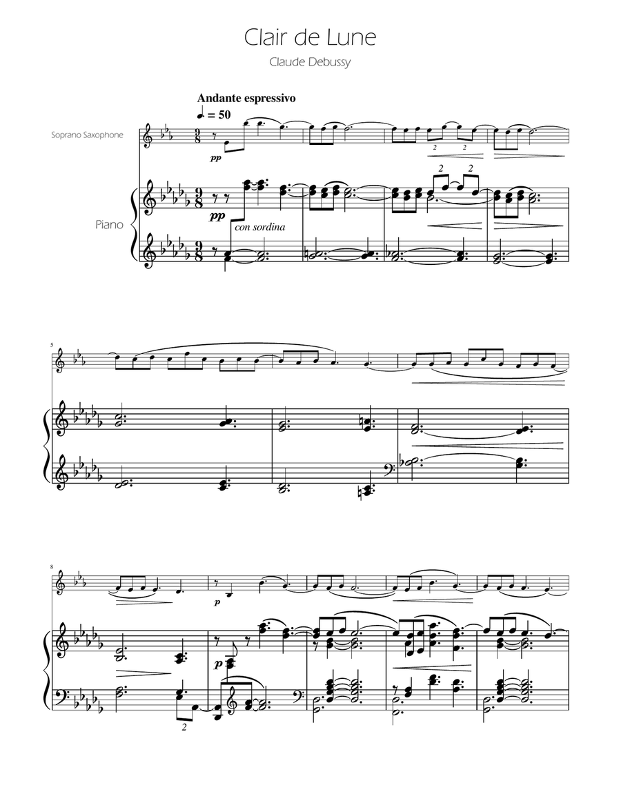 Clair de Lune - Soprano Sax Solo w/Piano Soprano Saxophone scores gallery preview page 1