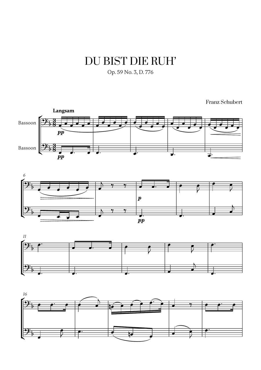 Franz Schubert - Du bist die Ruh (F major) (for Bassoon Duet) Woodwind Duet scores gallery preview page 1