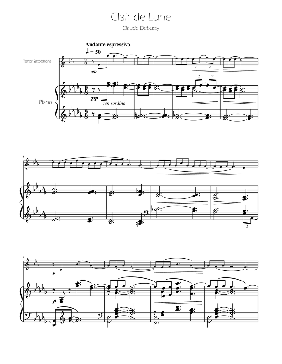 Clair de Lune - Tenor Sax Solo w/Piano Tenor Saxophone scores gallery preview page 1