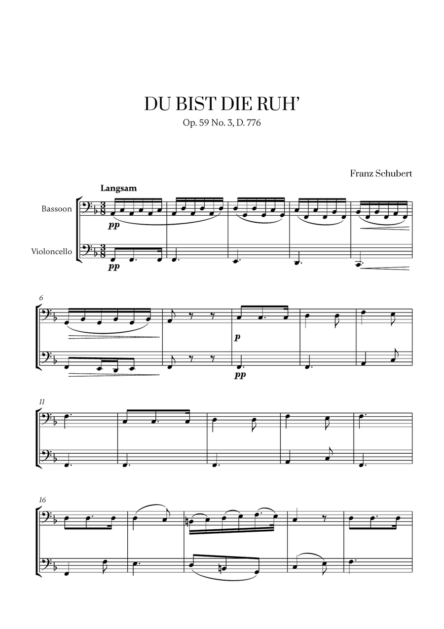 Franz Schubert - Du bist die Ruh (F major) (for Bassoon and Cello) Bassoon scores gallery preview page 1