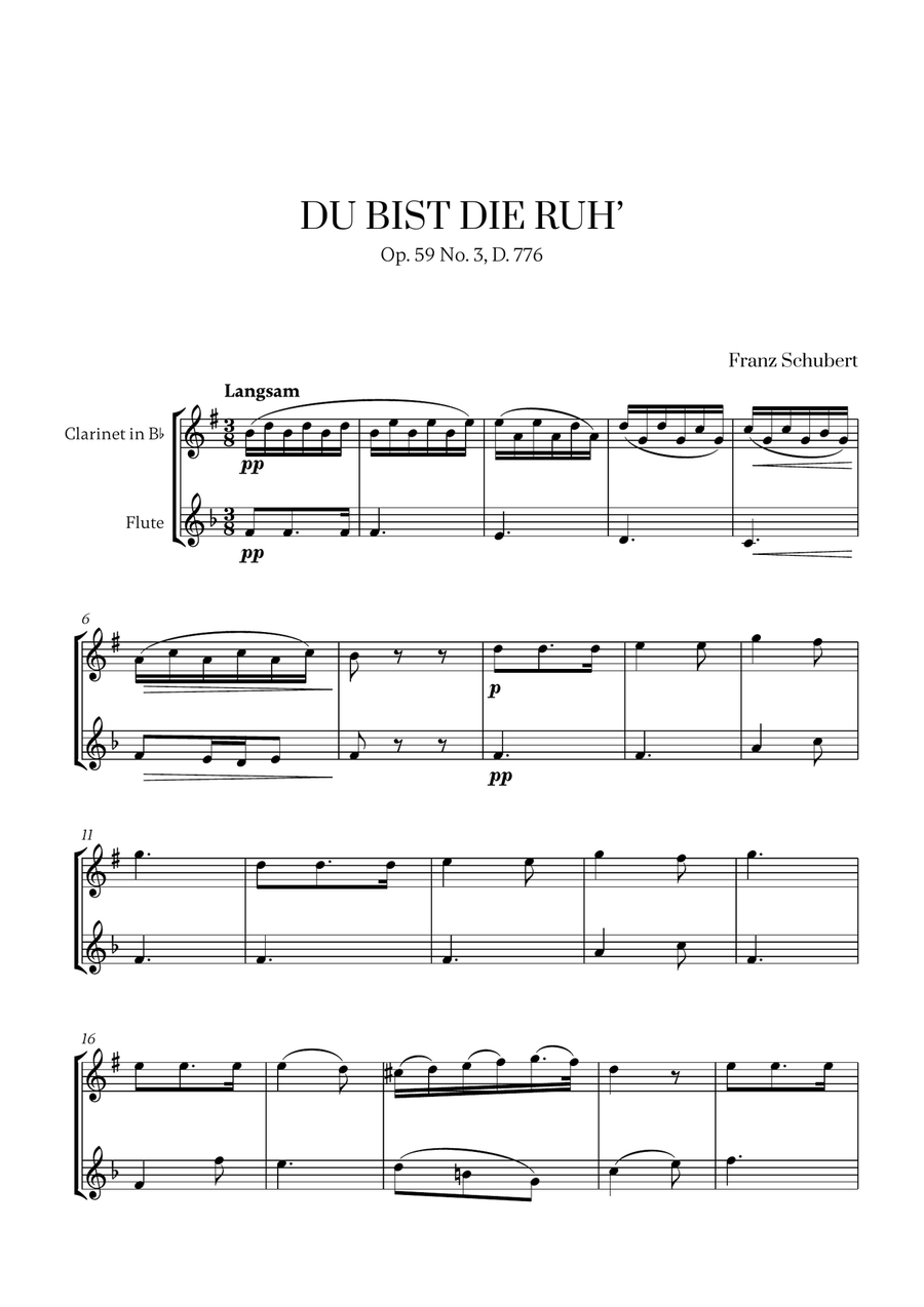Franz Schubert - Du bist die Ruh (F major) (for Clarinet and Flute) Woodwind Duet scores gallery preview page 1
