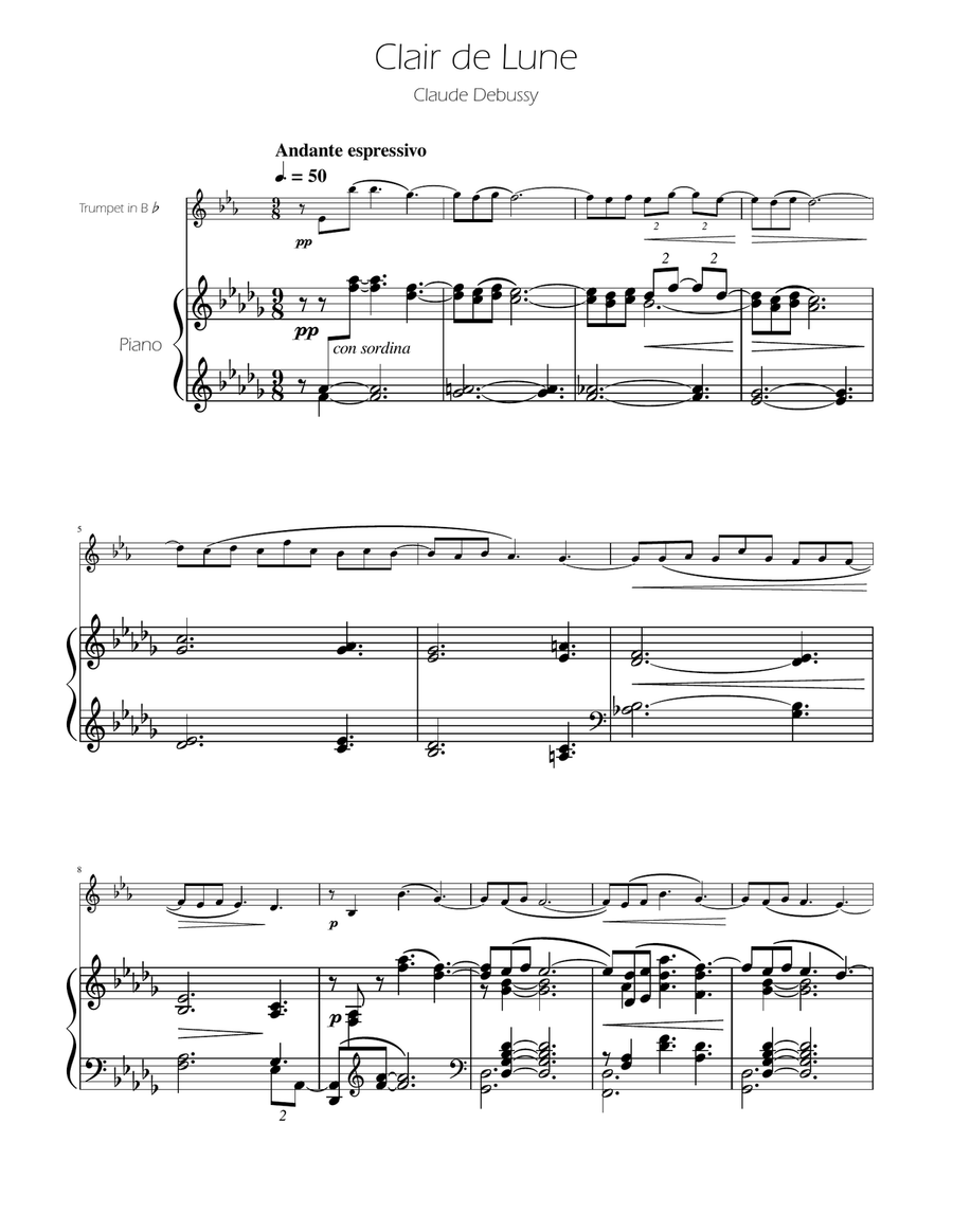 Clair de Lune - Trumpet Solo w/Piano B-Flat Trumpet scores gallery preview page 1