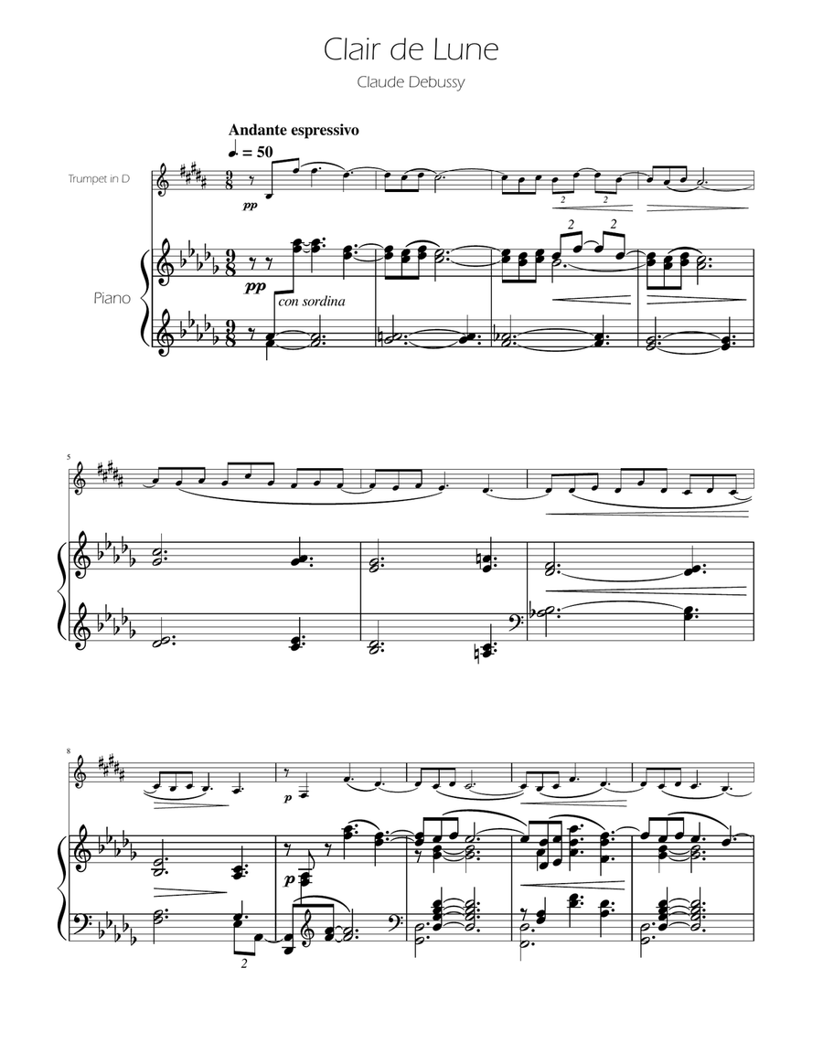 Clair de Lune - Trumpet in D Solo w/Piano Trumpet Solo scores gallery preview page 1