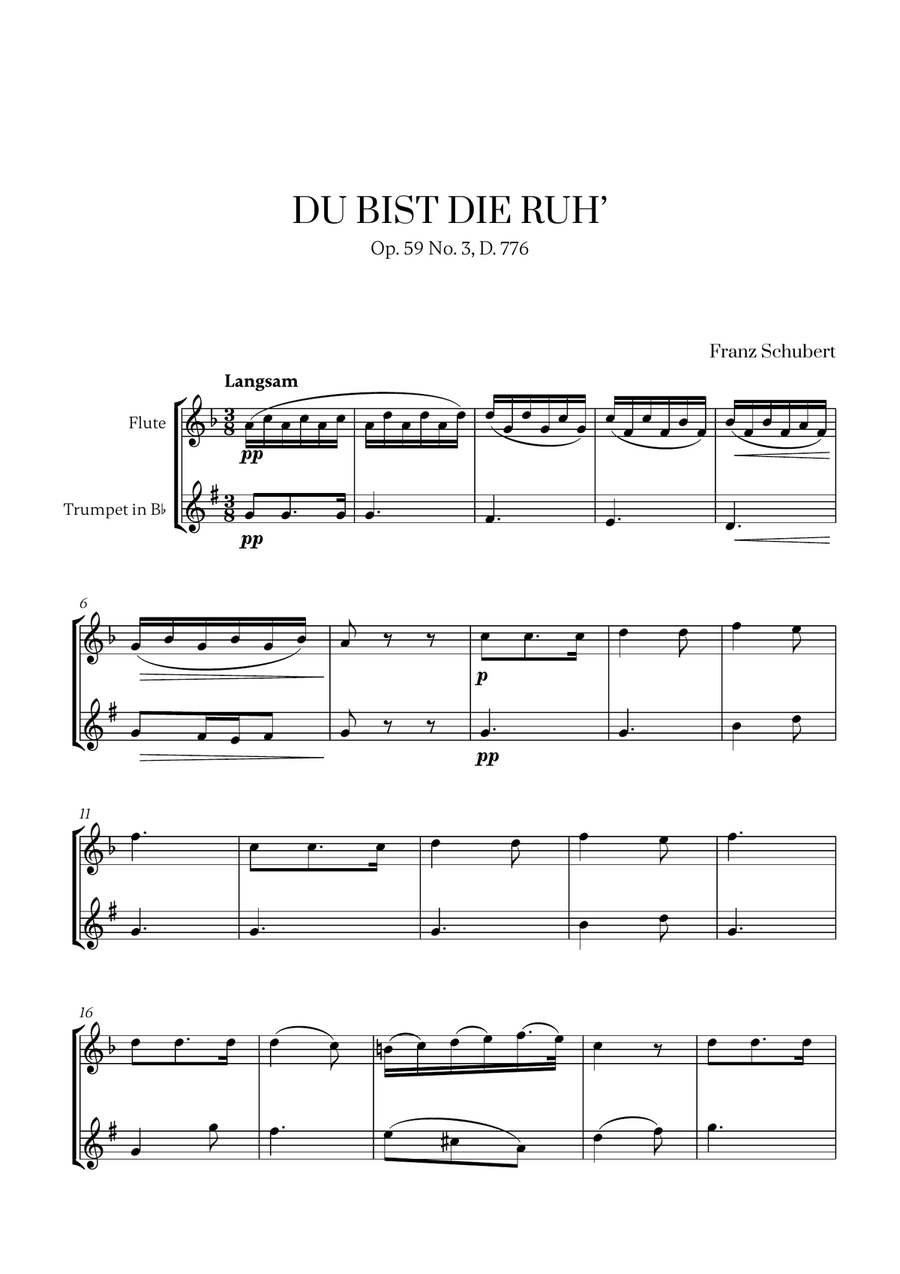 Franz Schubert - Du bist die Ruh (F major) (for Flute and Trumpet) Flute scores gallery preview page 1