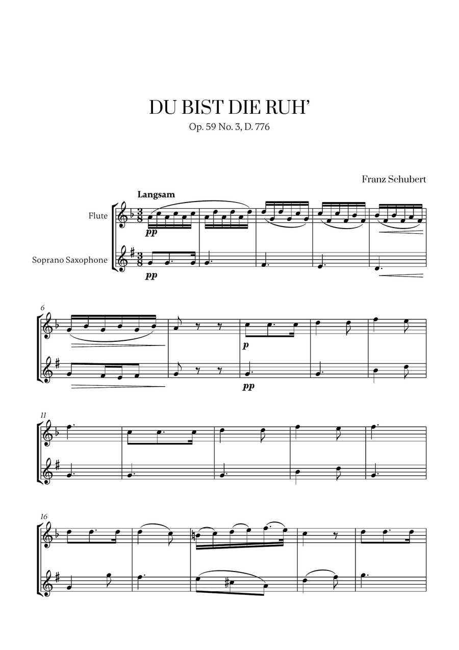Franz Schubert - Du bist die Ruh (F major) (for Flute and Soprano Saxophone) Woodwind Duet scores gallery preview page 1