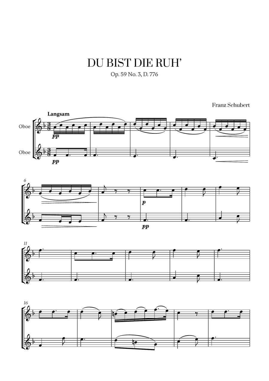 Franz Schubert - Du bist die Ruh (F major) (for Oboe Duet) Woodwind Duet scores gallery preview page 1