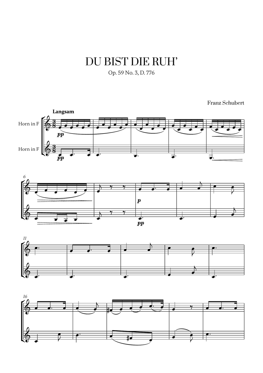 Franz Schubert - Du bist die Ruh (F major) (for French Horn Duet) Brass Duet scores gallery preview page 1