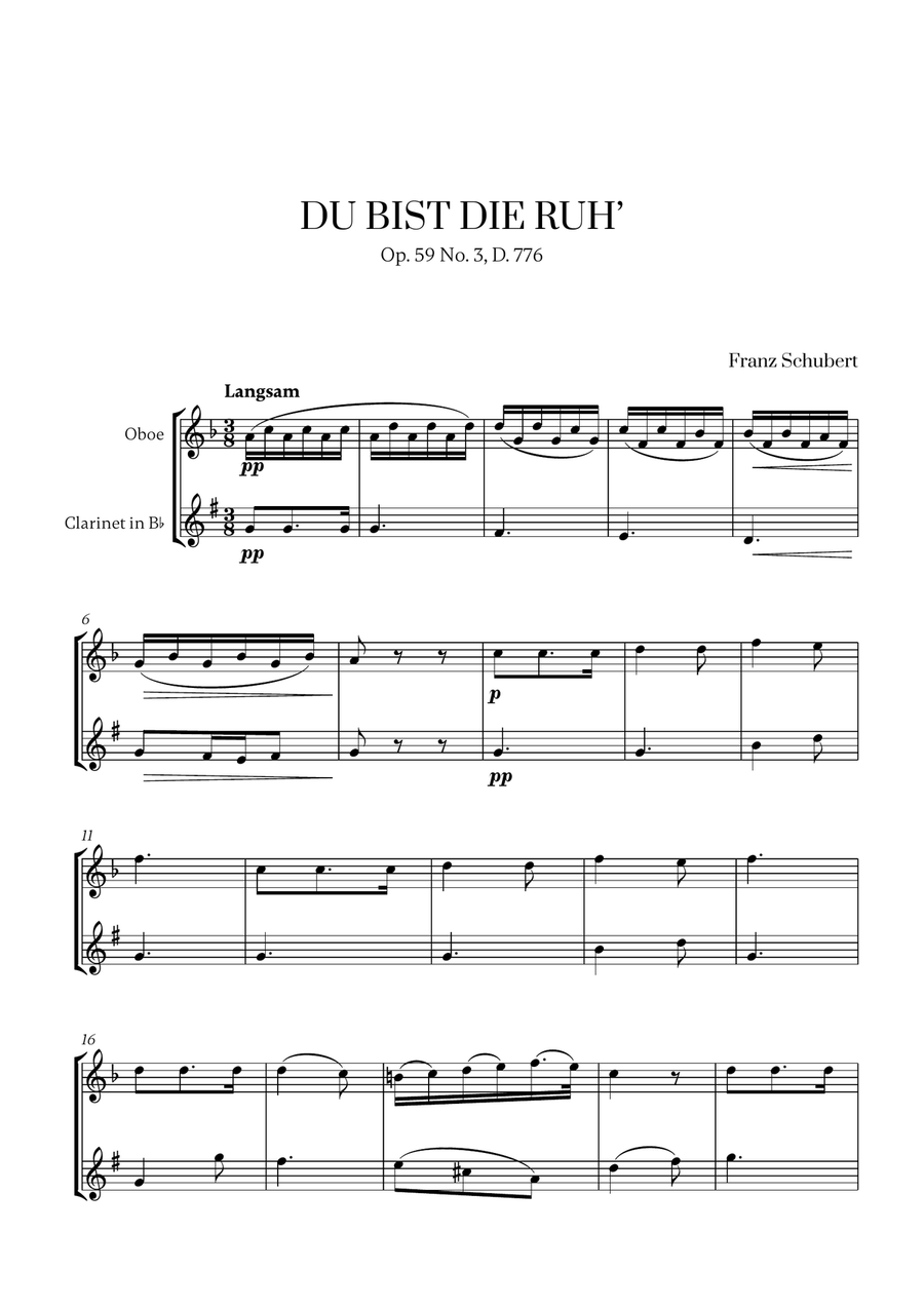 Franz Schubert - Du bist die Ruh (F major) (for Oboe and Clarinet) Woodwind Duet scores gallery preview page 1
