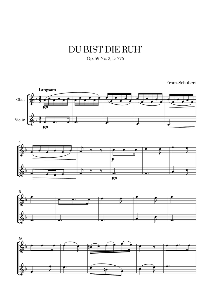 Franz Schubert - Du bist die Ruh (F major) (for Oboe and Violin) Oboe scores gallery preview page 1