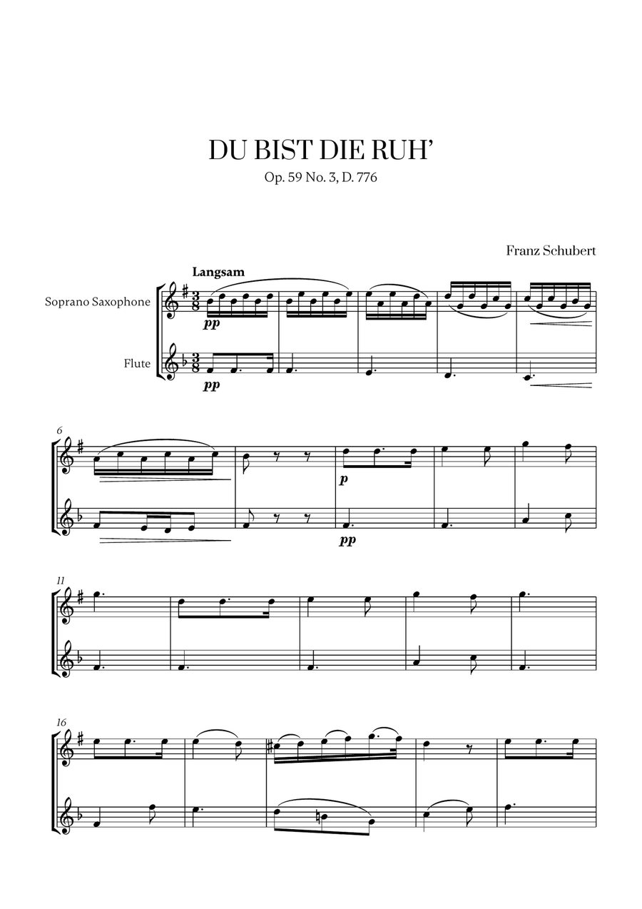 Franz Schubert - Du bist die Ruh (F major) (for Soprano Saxophone and Flute) Woodwind Duet scores gallery preview page 1