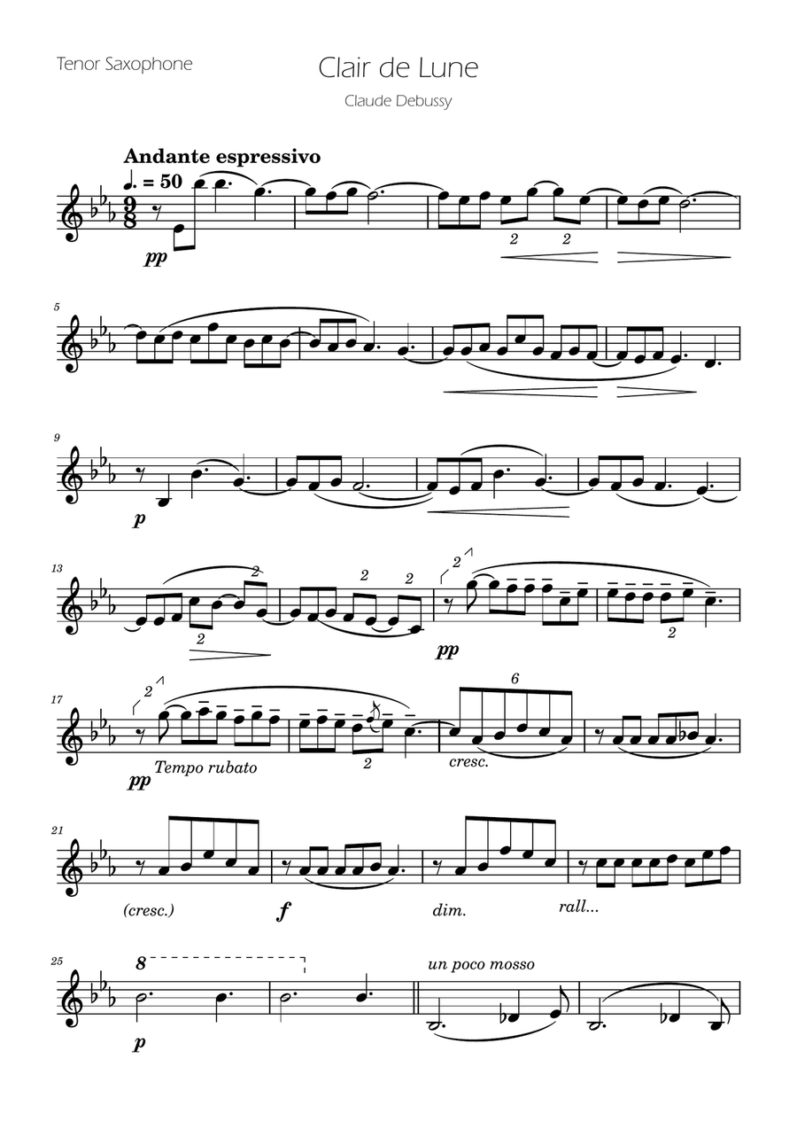 Clair de Lune - Tenor Sax Solo Tenor Saxophone scores gallery preview page 1