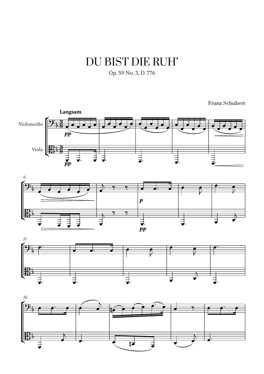 Franz Schubert - Du bist die Ruh (F major) (for Cello and Viola) String Duet scores gallery preview page 1
