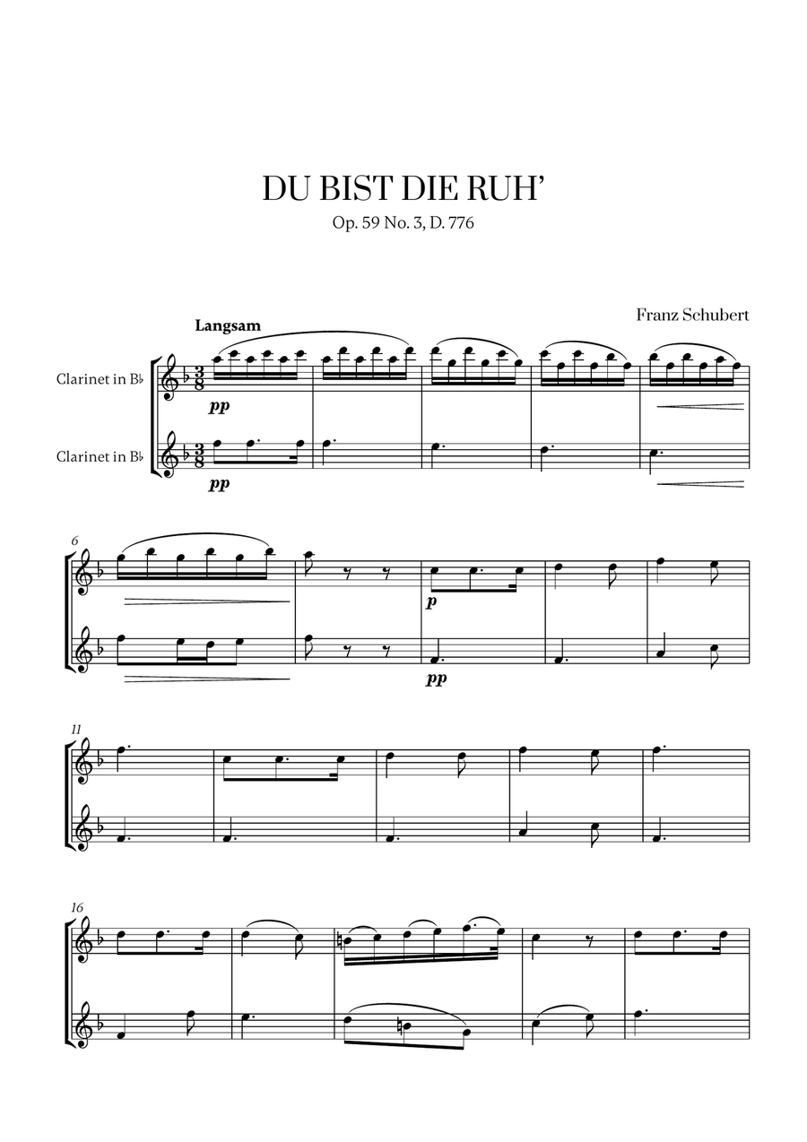 Franz Schubert - Du bist die Ruh (for Clarinet Duet) Clarinet Duet scores gallery preview page 1