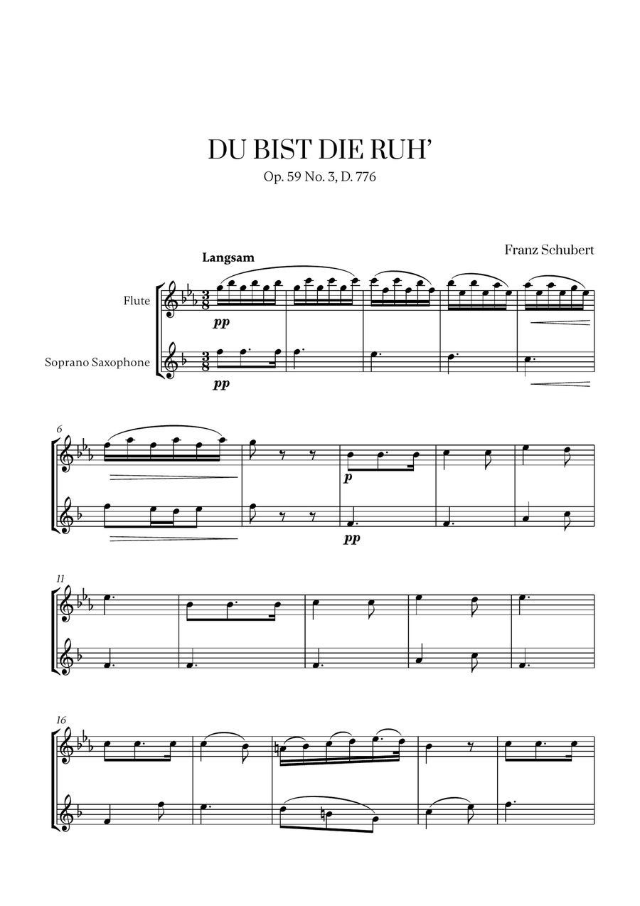 Franz Schubert - Du bist die Ruh (for Flute and Soprano Saxophone) Woodwind Duet scores gallery preview page 1