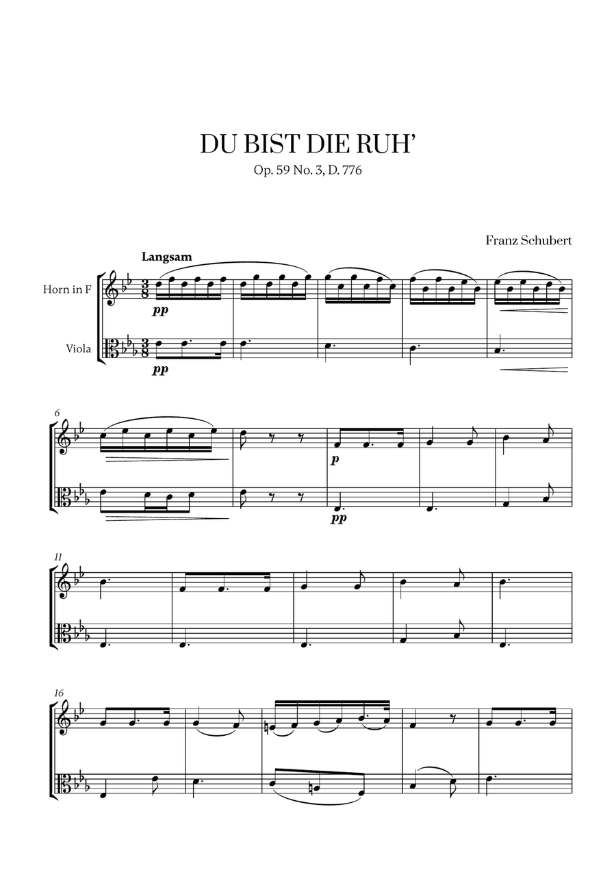 Franz Schubert - Du bist die Ruh (for French Horn and Viola) Horn scores gallery preview page 1