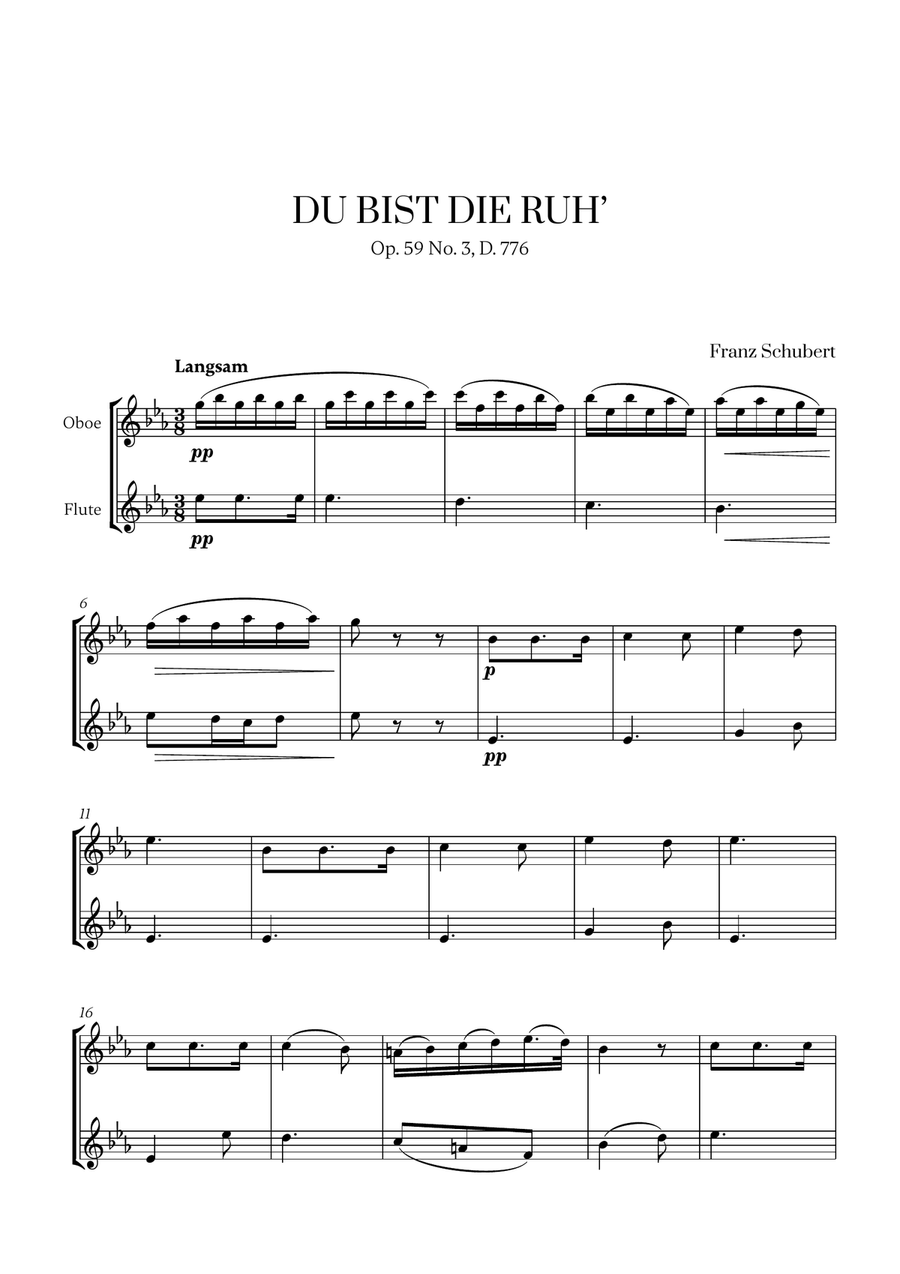 Franz Schubert - Du bist die Ruh (for Oboe and Flute) Woodwind Duet scores gallery preview page 1