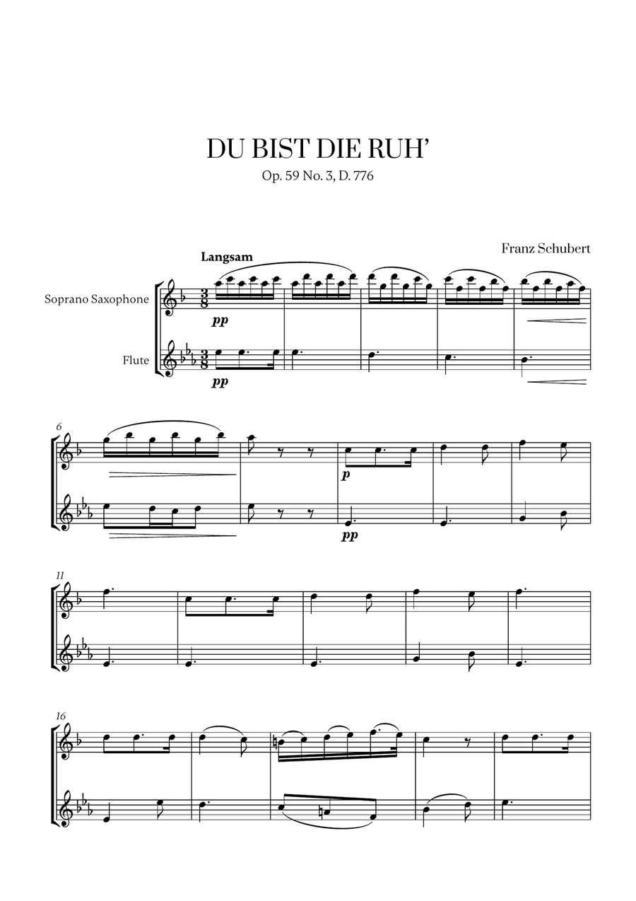Franz Schubert - Du bist die Ruh (for Soprano Saxophone and Flute) Woodwind Duet scores gallery preview page 1