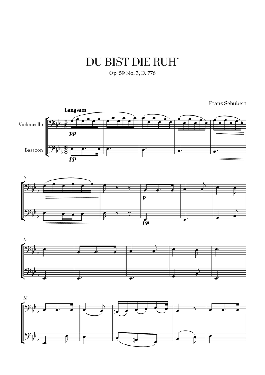 Franz Schubert - Du bist die Ruh (for Cello and Bassoon) Bassoon scores gallery preview page 1
