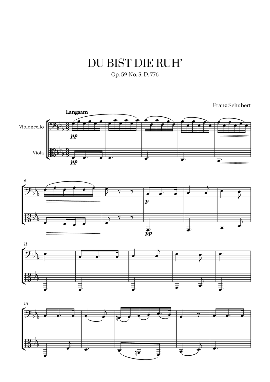 Franz Schubert - Du bist die Ruh (for Cello and Viola) String Duet scores gallery preview page 1
