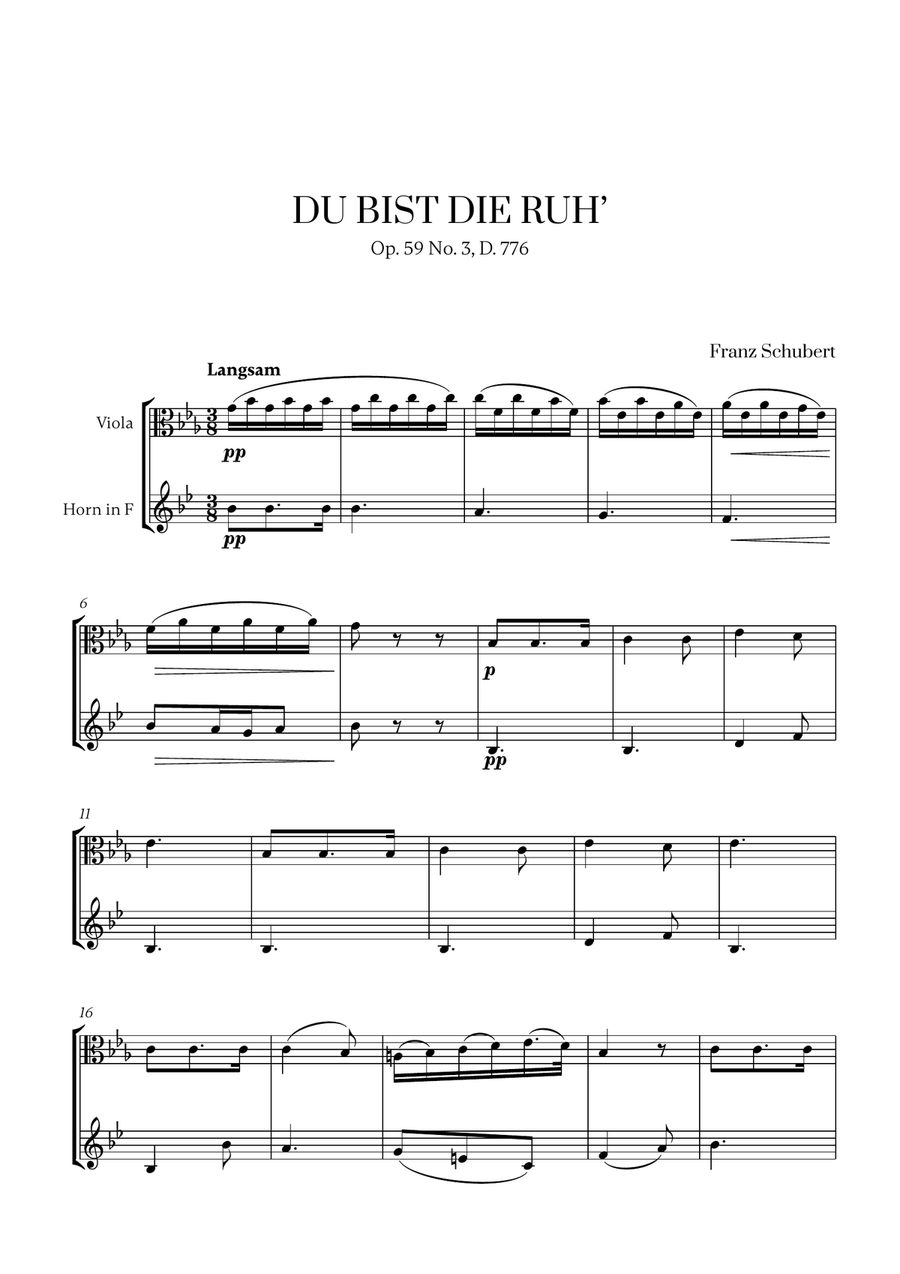 Franz Schubert - Du bist die Ruh (for Viola and French Horn) Horn scores gallery preview page 1