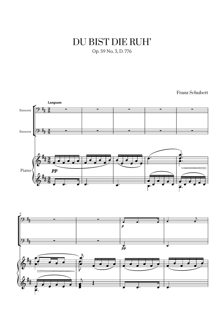 Franz Schubert - Du bist die Ruh (D major) (for Bassoon Duet and Piano) Woodwind Duet scores gallery preview page 1