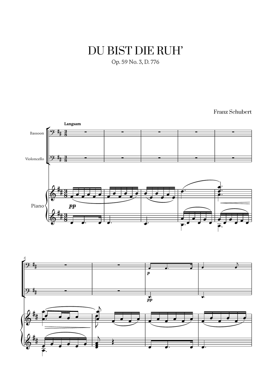 Franz Schubert - Du bist die Ruh (D major) (for Bassoon, Cello and Piano) Bassoon scores gallery preview page 1