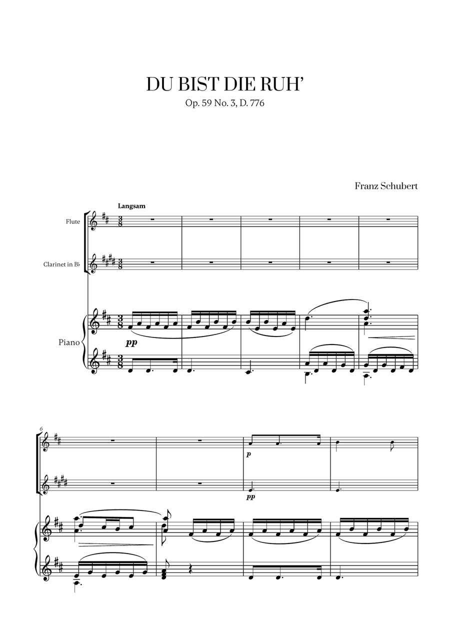 Franz Schubert - Du bist die Ruh (D major) (for Flute, Clarinet and Piano) Woodwind Duet scores gallery preview page 1