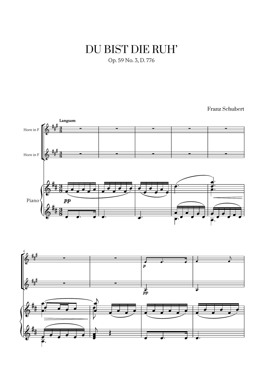 Franz Schubert - Du bist die Ruh (D major) (for French Horn Duet and Piano) Brass Duet scores gallery preview page 1
