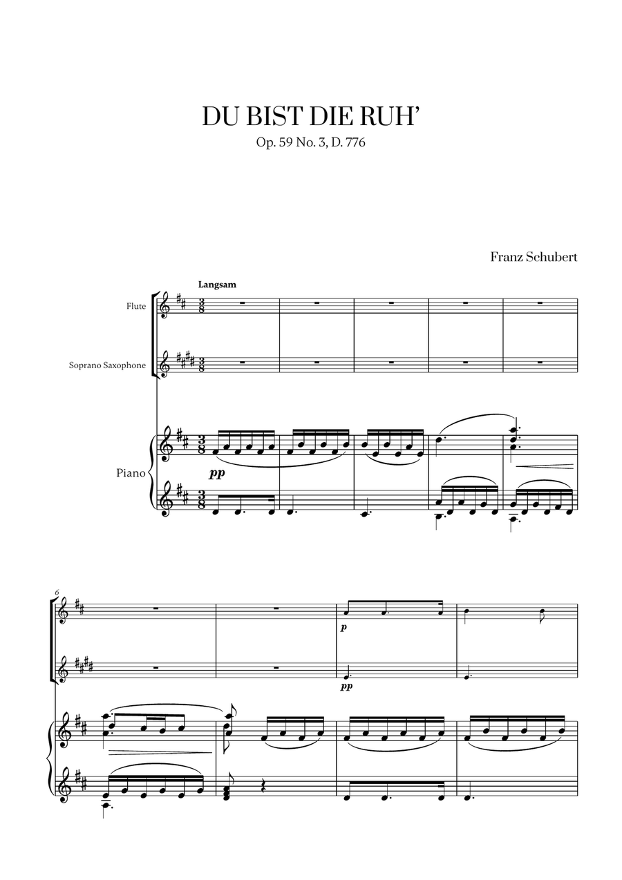 Franz Schubert - Du bist die Ruh (D major) (for Flute, Soprano Saxophone and Piano) Woodwind Duet scores gallery preview page 1