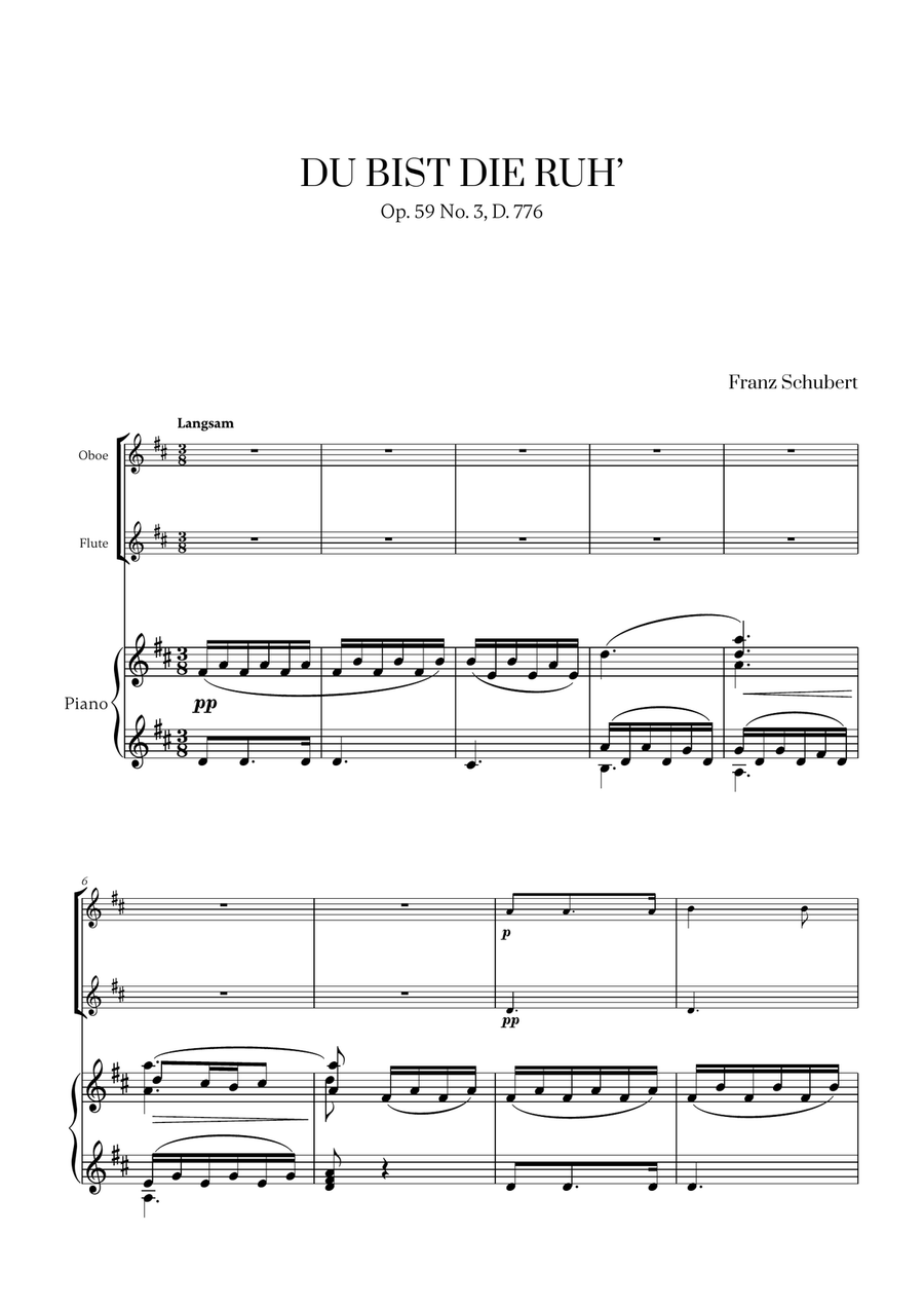 Franz Schubert - Du bist die Ruh (D major) (for Oboe, Flute and Piano) Woodwind Duet scores gallery preview page 1