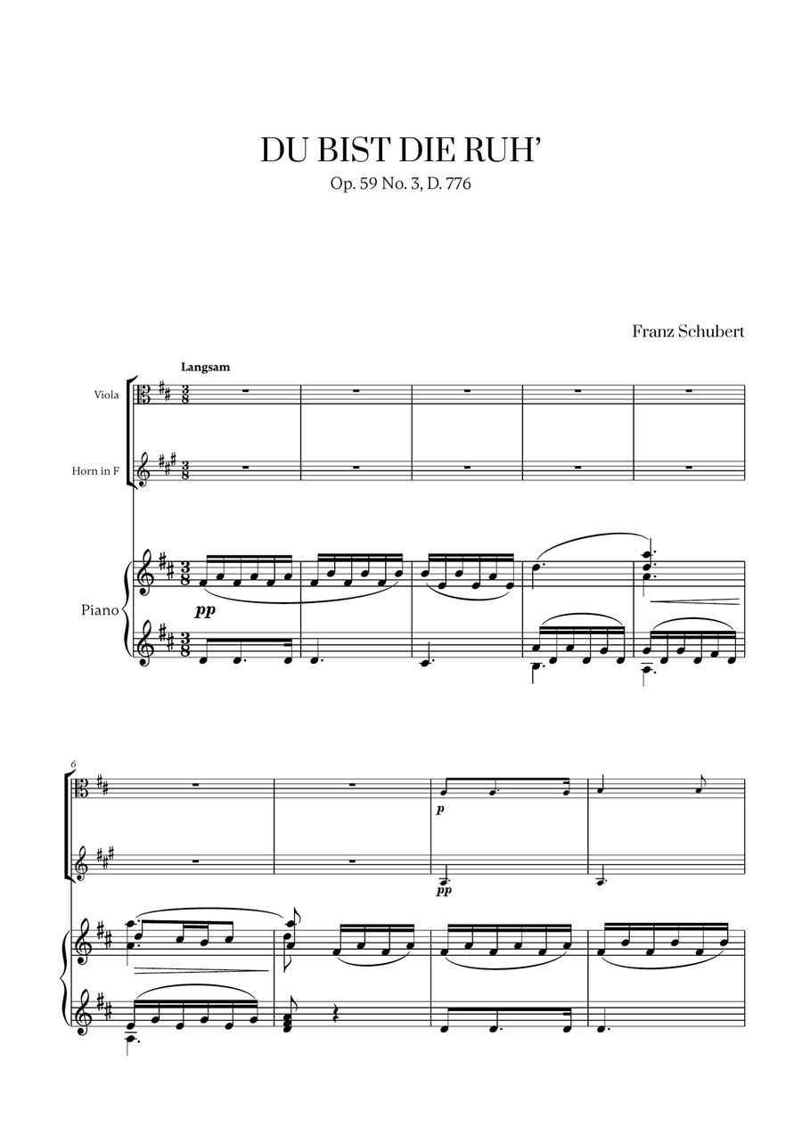 Franz Schubert - Du bist die Ruh (D major) (for Viola, French Horn and Piano) Horn scores gallery preview page 1