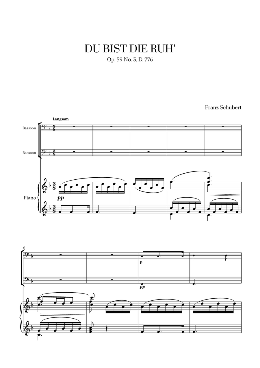 Franz Schubert - Du bist die Ruh (F major) (for Bassoon Duet and Piano) Woodwind Duet scores gallery preview page 1
