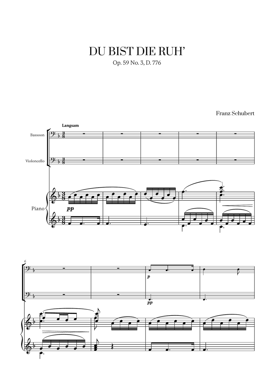 Franz Schubert - Du bist die Ruh (F major) (for Bassoon, Cello and Piano) Bassoon scores gallery preview page 1