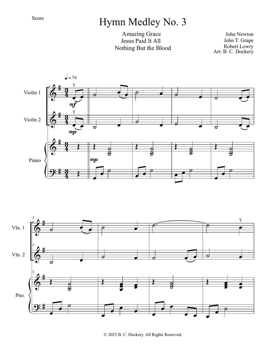 Hymn Medley No. 3 (Violin Duet with Piano Accompaniment) String Duet scores gallery preview page 1
