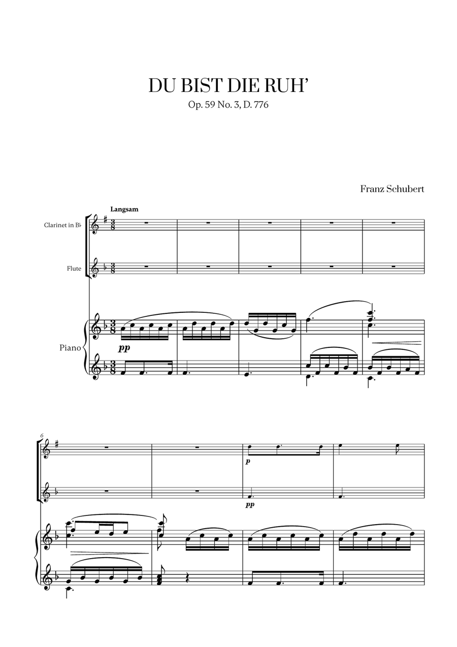 Franz Schubert - Du bist die Ruh (F major) (for Clarinet, Flute and Piano) Woodwind Duet scores gallery preview page 1