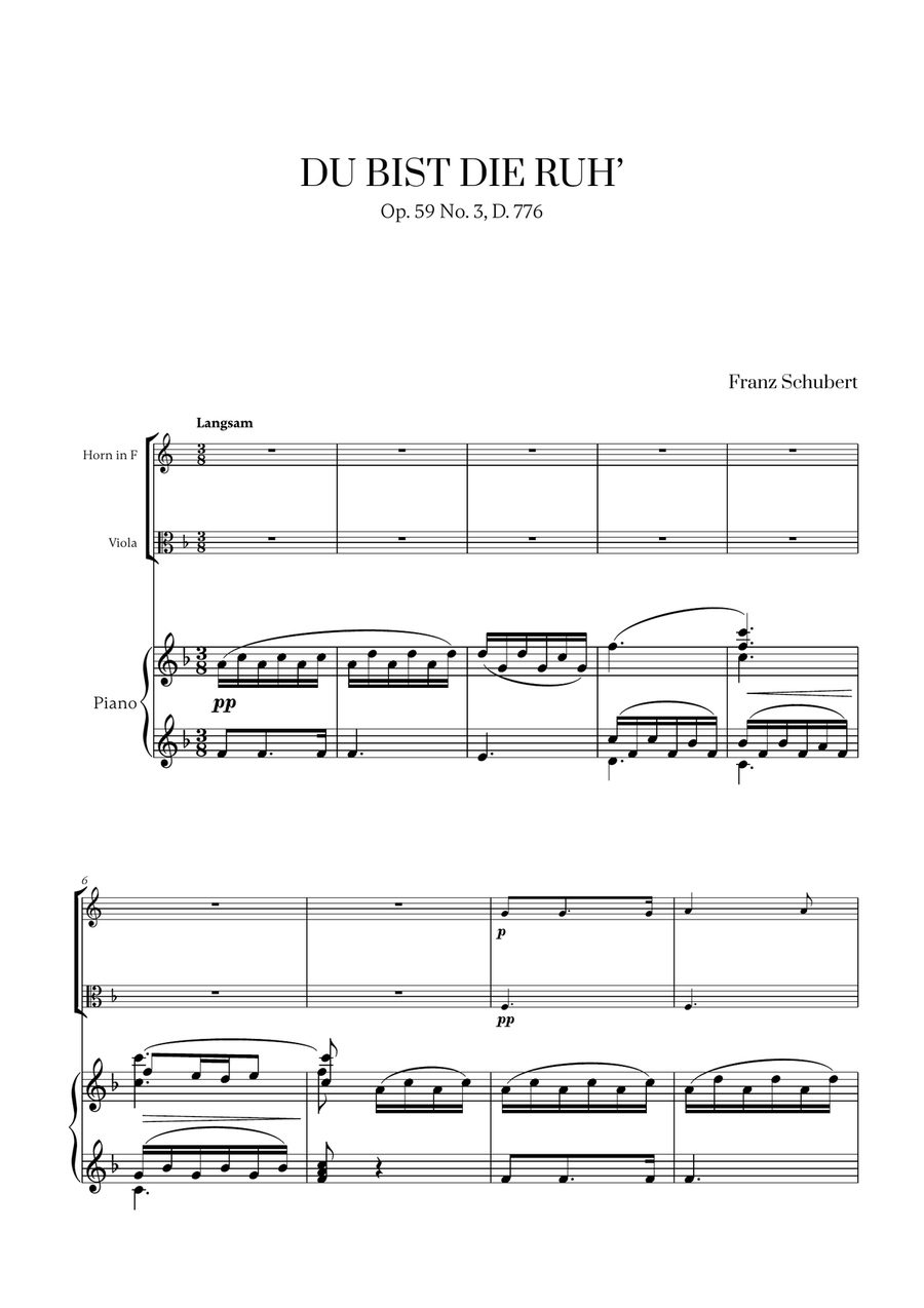 Franz Schubert - Du bist die Ruh (F major) (for French Horn, Viola and Piano) Horn scores gallery preview page 1