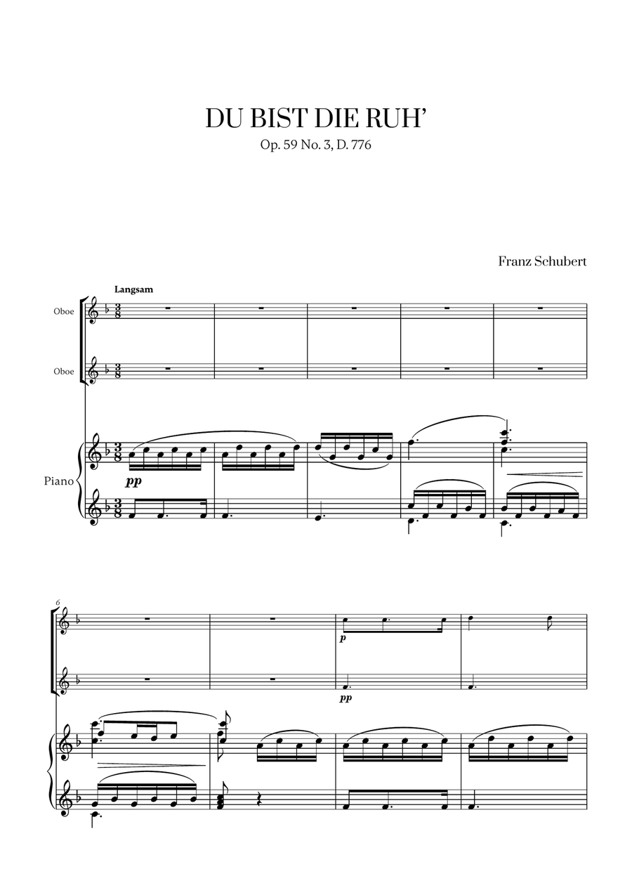 Franz Schubert - Du bist die Ruh (F major) (for Oboe Duet and Piano) Woodwind Duet scores gallery preview page 1