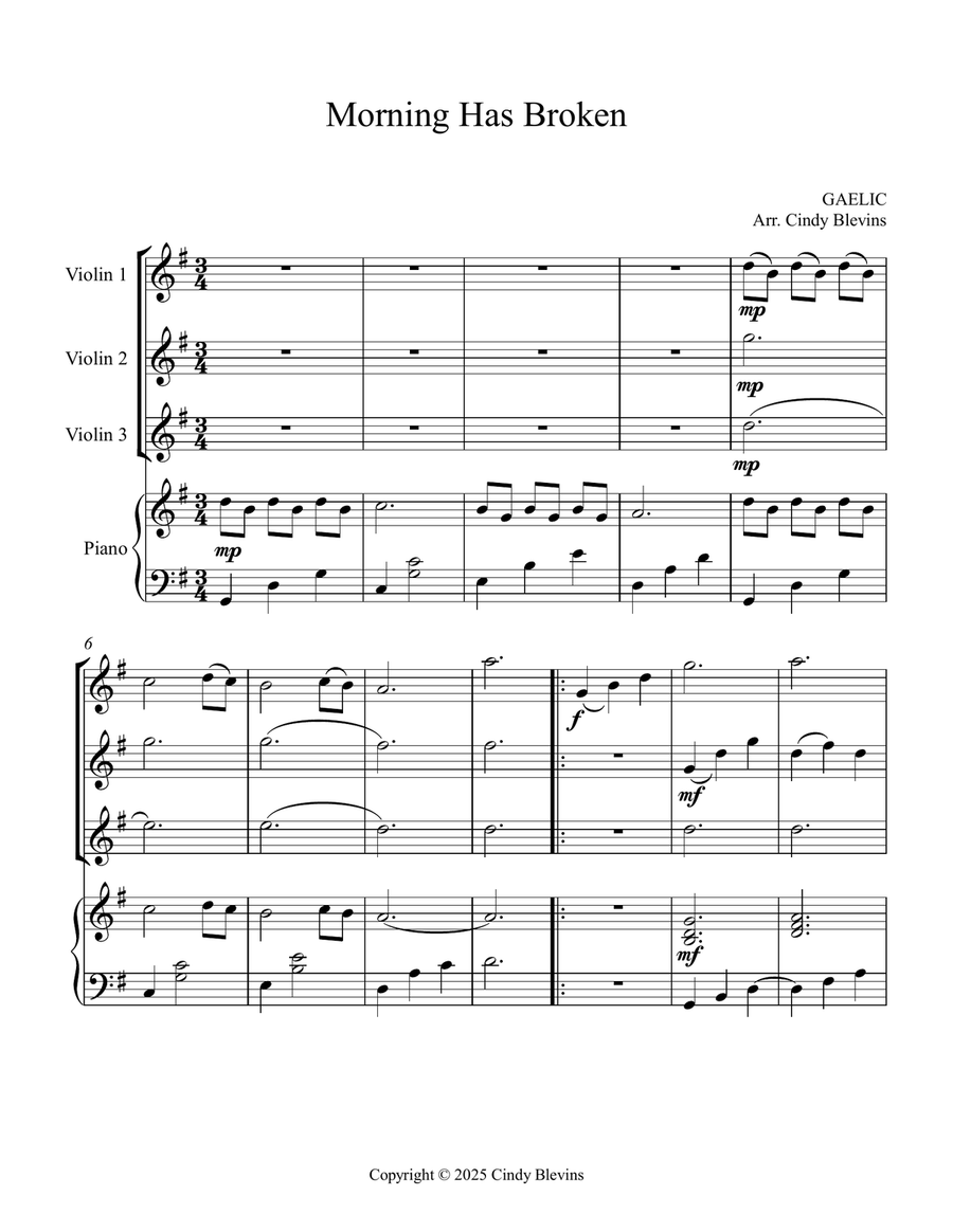 Morning Has Broken, for Three Violins and Piano Small Ensemble scores gallery preview page 2