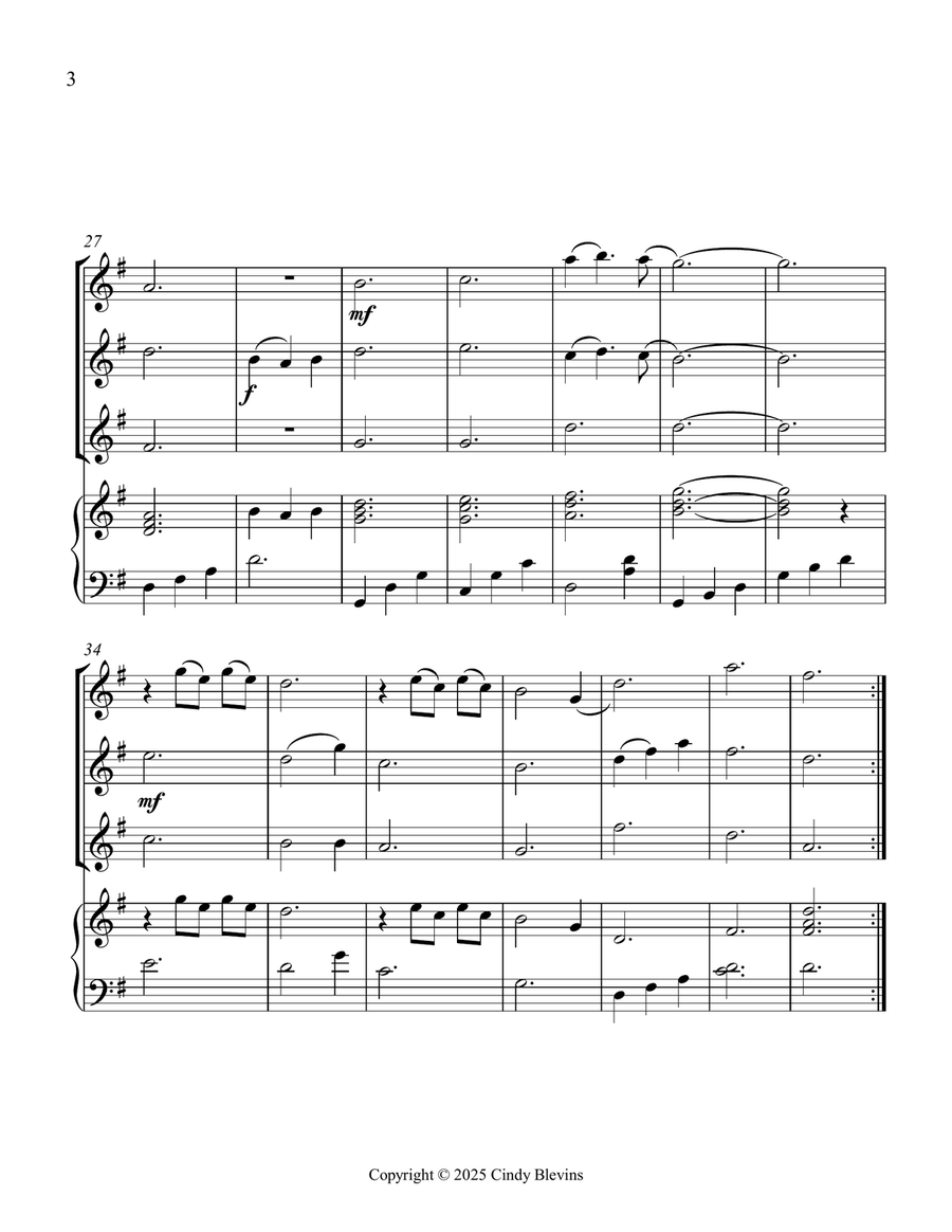 Morning Has Broken, for Three Violins and Piano Small Ensemble scores gallery preview page 4