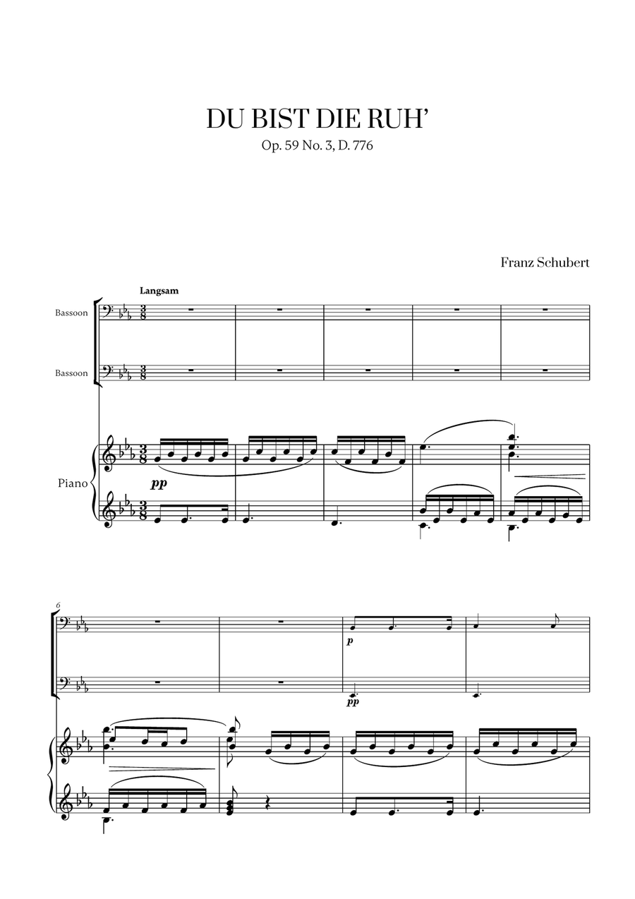 Franz Schubert - Du bist die Ruh (for Bassoon Duet and Piano) Woodwind Duet scores gallery preview page 1