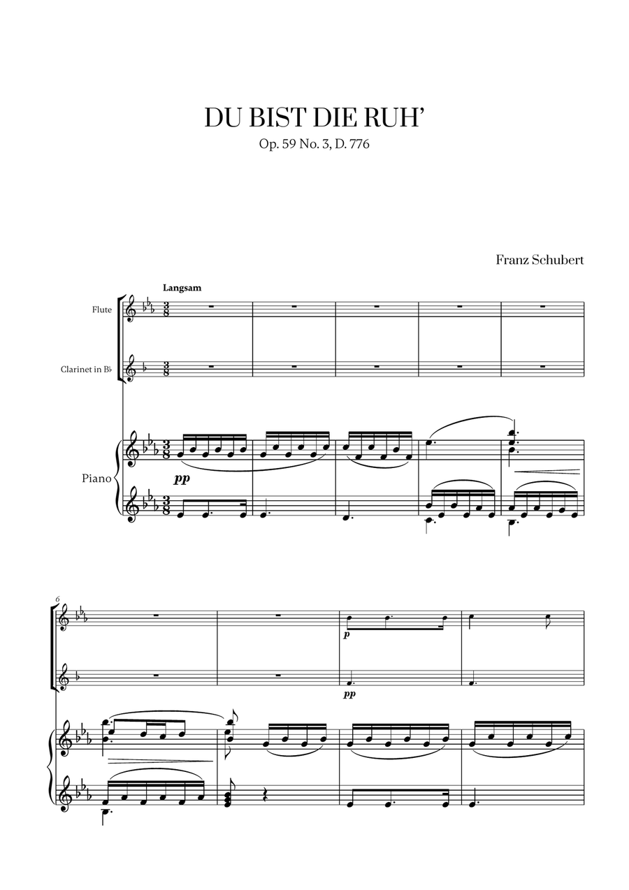 Franz Schubert - Du bist die Ruh (for Flute, Clarinet and Piano) Woodwind Duet scores gallery preview page 1